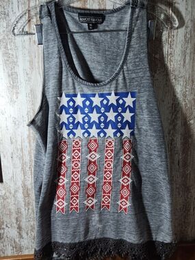 Almost Famous Southwestern Patriotic Gray Tank Top Flag Lace Aztec Red Blue
